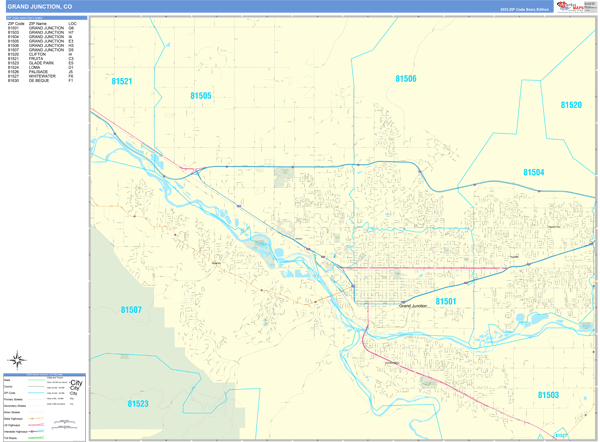 Grand Junction City Wall Map Basic Style